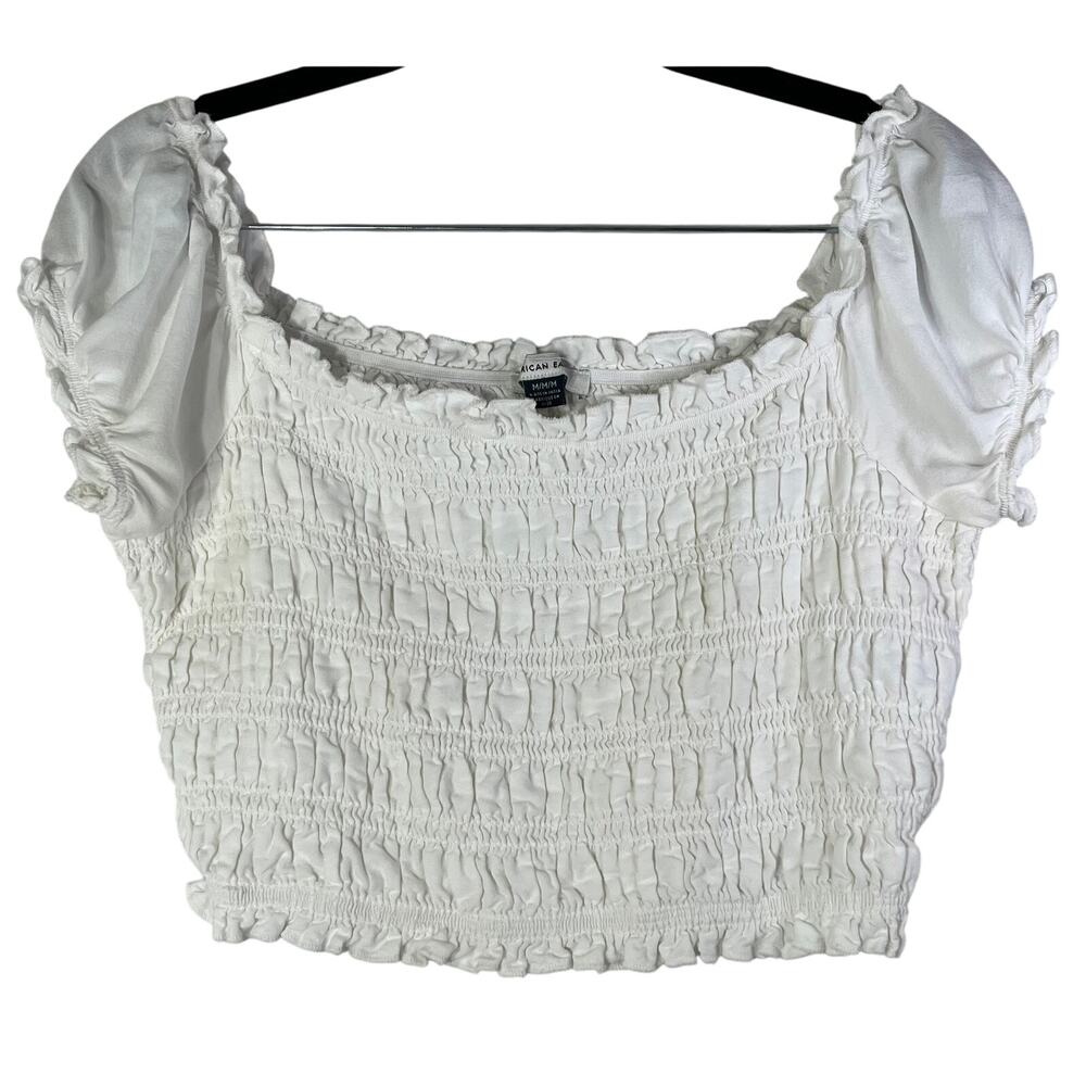 American Eagle White Cropped Smocked Puff Sleeve Top Size M